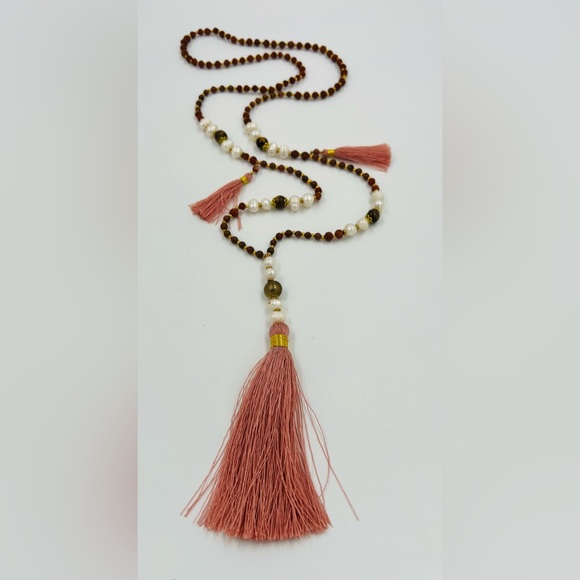 Pink Tassel Necklace w/Pearls, Tiger’s Eye, Rudrasksha & Sandstone beads 40” - Picture 1 of 6